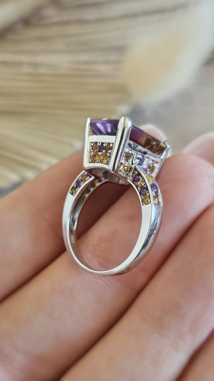 925 Sterling Silver Ametrine Amethyst Citrine Statement Ring Size N 1/2 5.85g