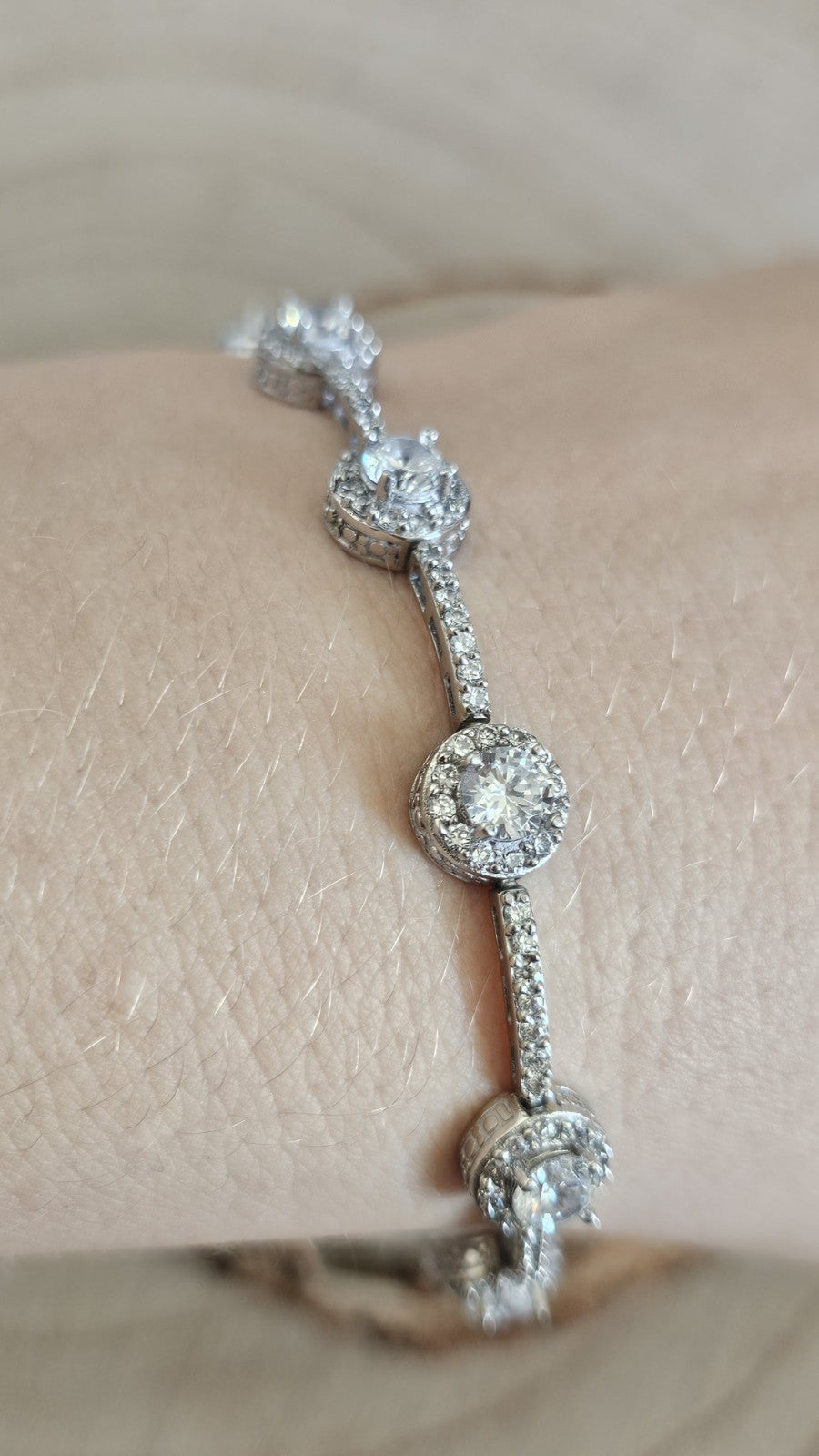 925 Sterling Silver CZ Halo Tennis Bracelet Full Hallmark 18cm 13.56g