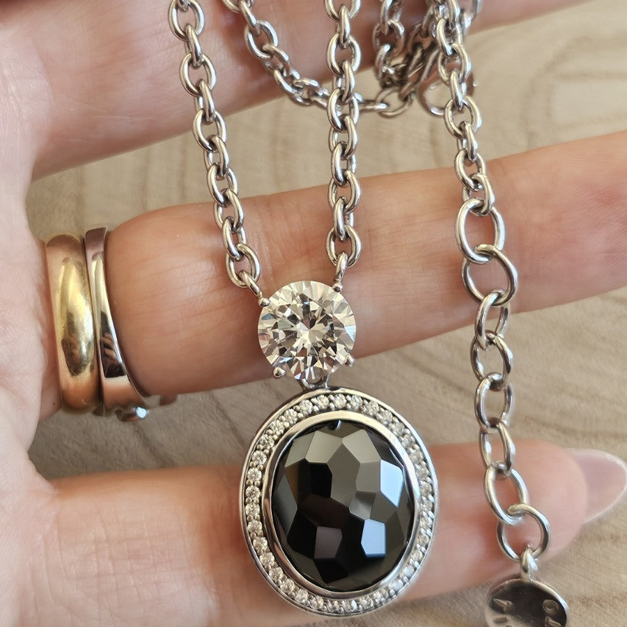 TI SENTO  Sterling Silver Black & Clear Stone Pendant Necklace 19-20.5", 29.76g 