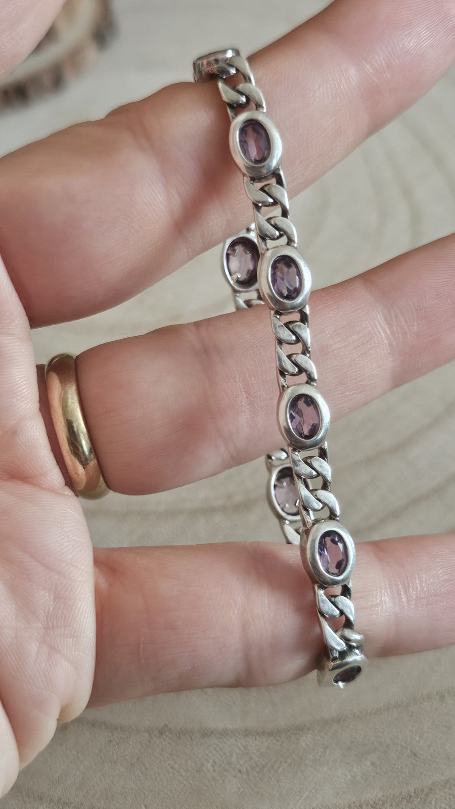 925 Sterling Silver Curb Link Amethyst Bracelet 18.5cm Hallmarked 13.39g