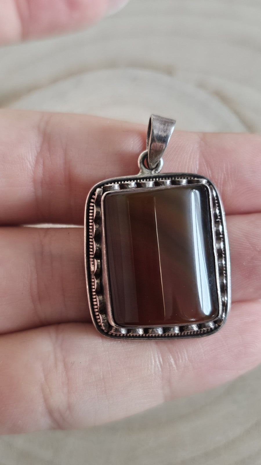 925 Sterling Silver Banded Agate Large Pendant Brown Gemstone 21g