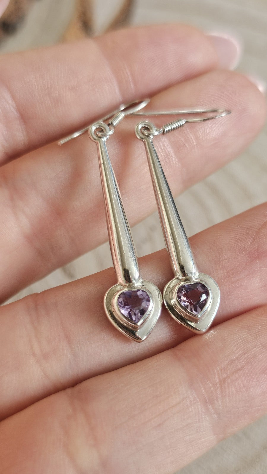 925 Sterling Silver Amethyst Heart Drop Dangle Earrings Stamped 925