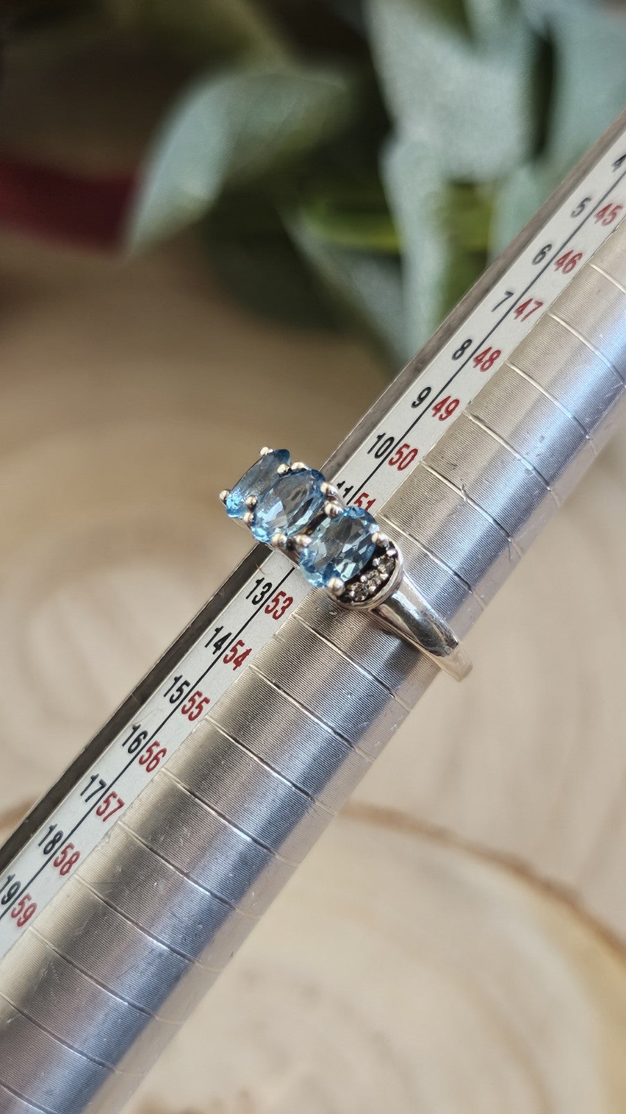 925 Sterling Silver Blue Topaz & Zircon Trilogy Ring Size L 1/2 TGGC