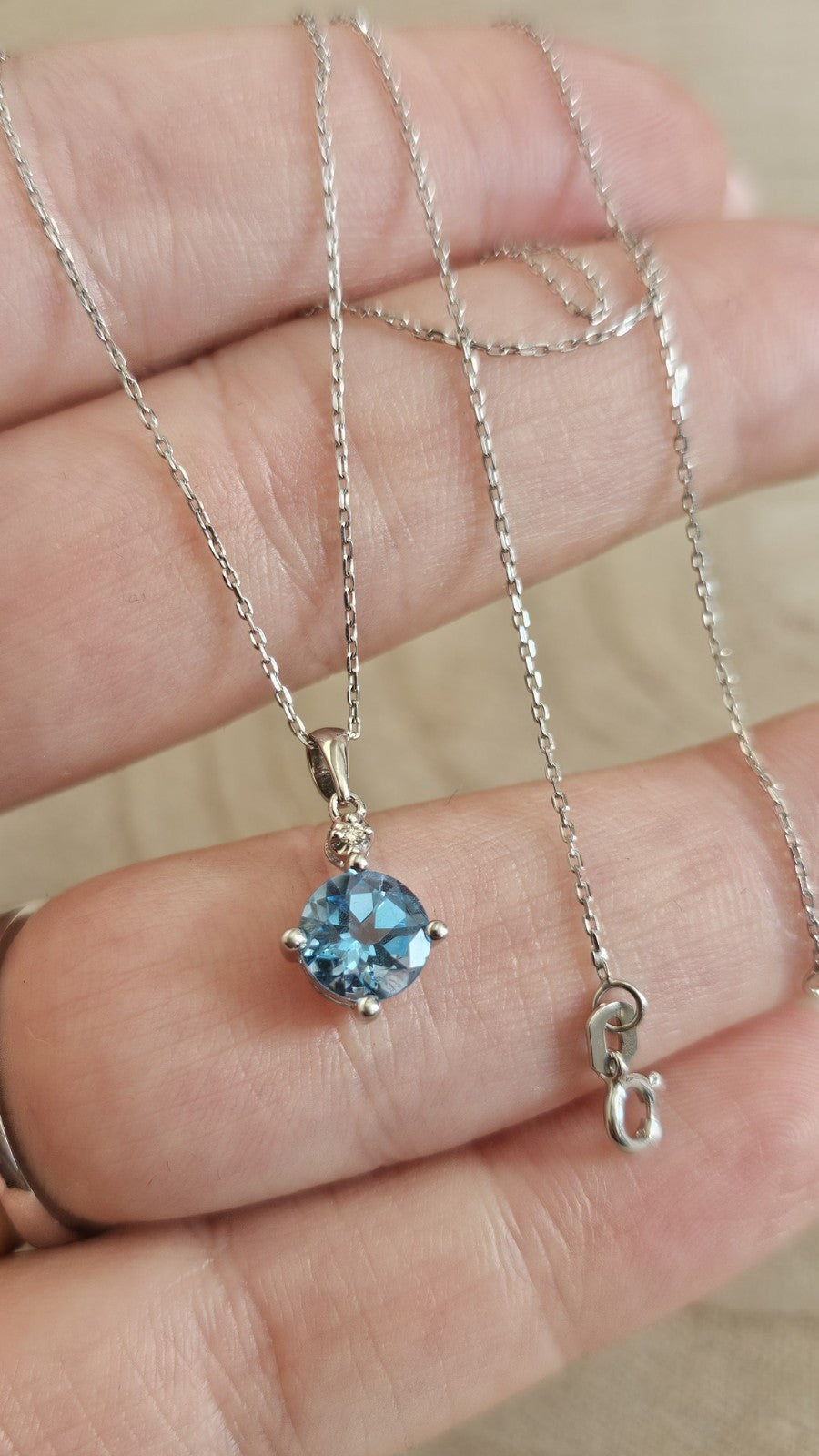 9ct White Gold Natural Blue Topaz & Diamond Pendant Necklace – 18 Inches