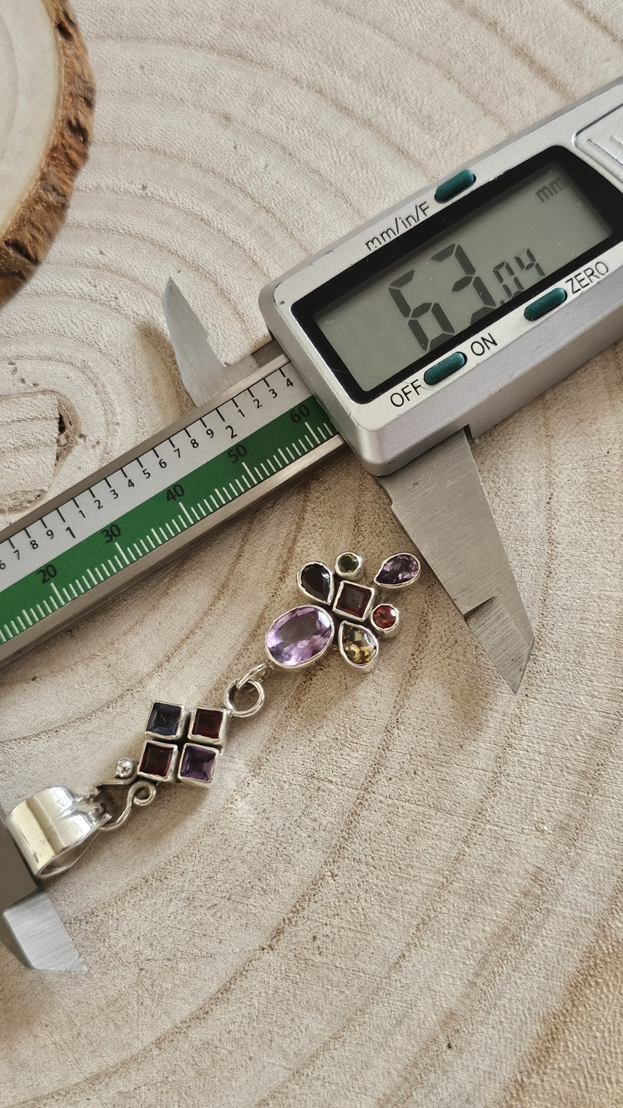 925 Sterling Silver Multi Gemstone Long Pendant Amethyst Garnet Iolite Citrine