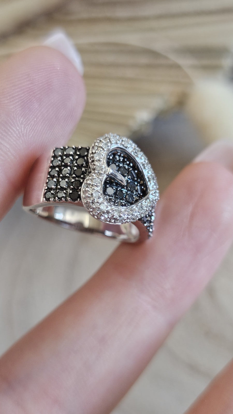 Sterling Silver Natural Black & Clear Diamond Buckle Ring Size N 1/2