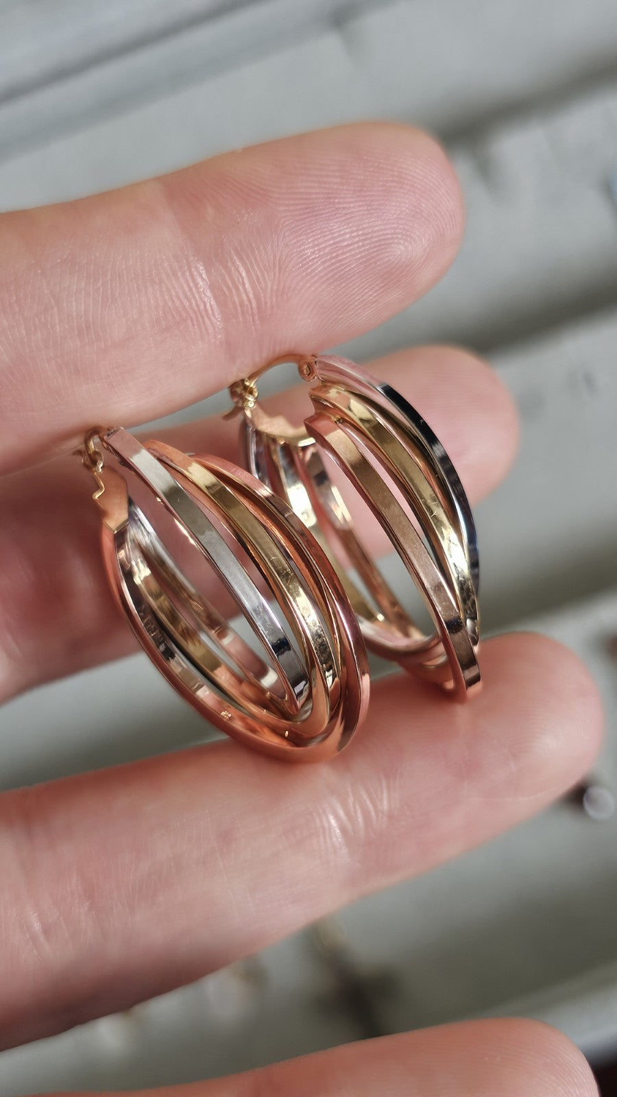 14ct Tri Colour Gold Triple Hoop Earrings 4.79g 33.5mm 14K Rose White Yellow