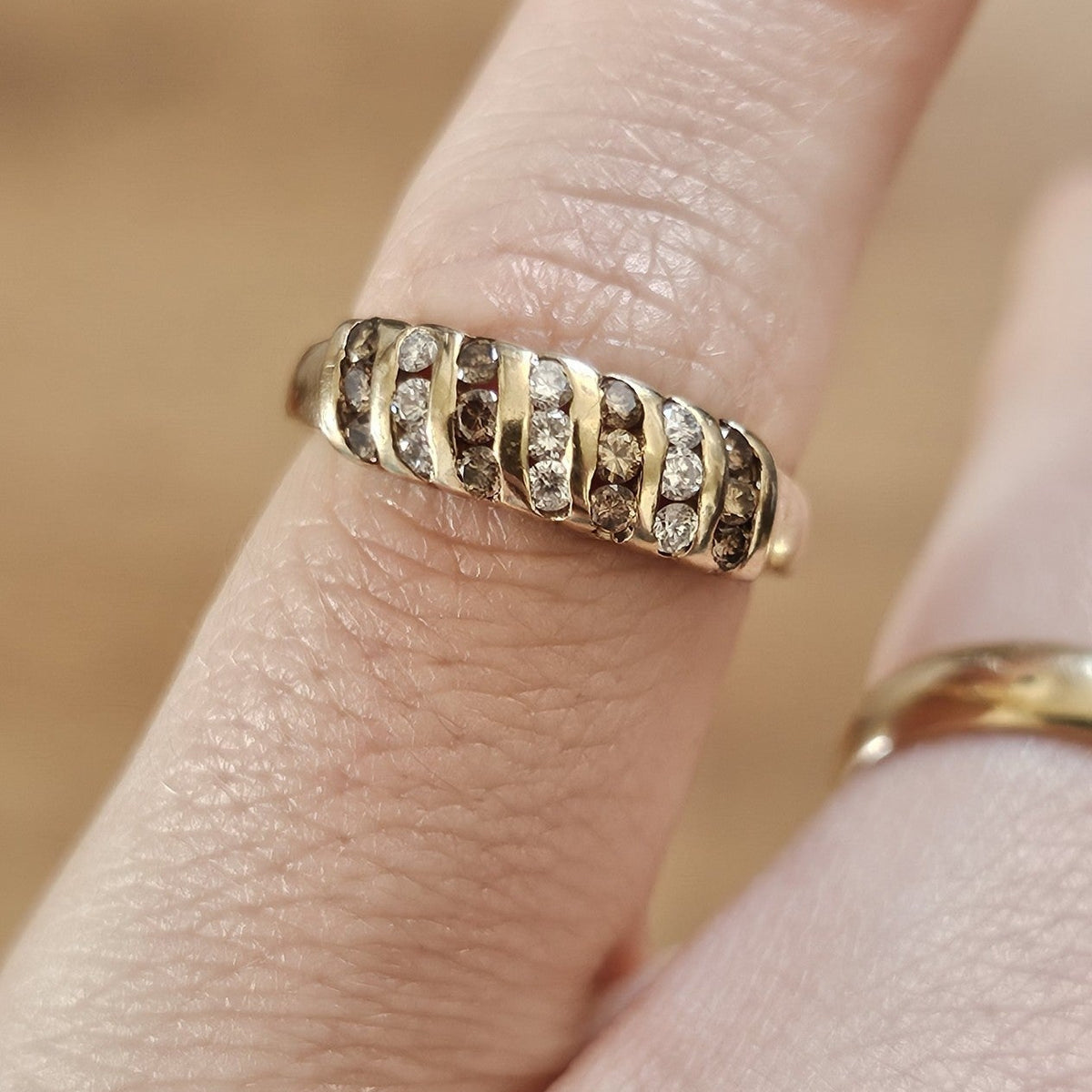 9ct Yellow Gold 0.63ct Champagne & White Diamond Three-Row Ring - Size L 1/2