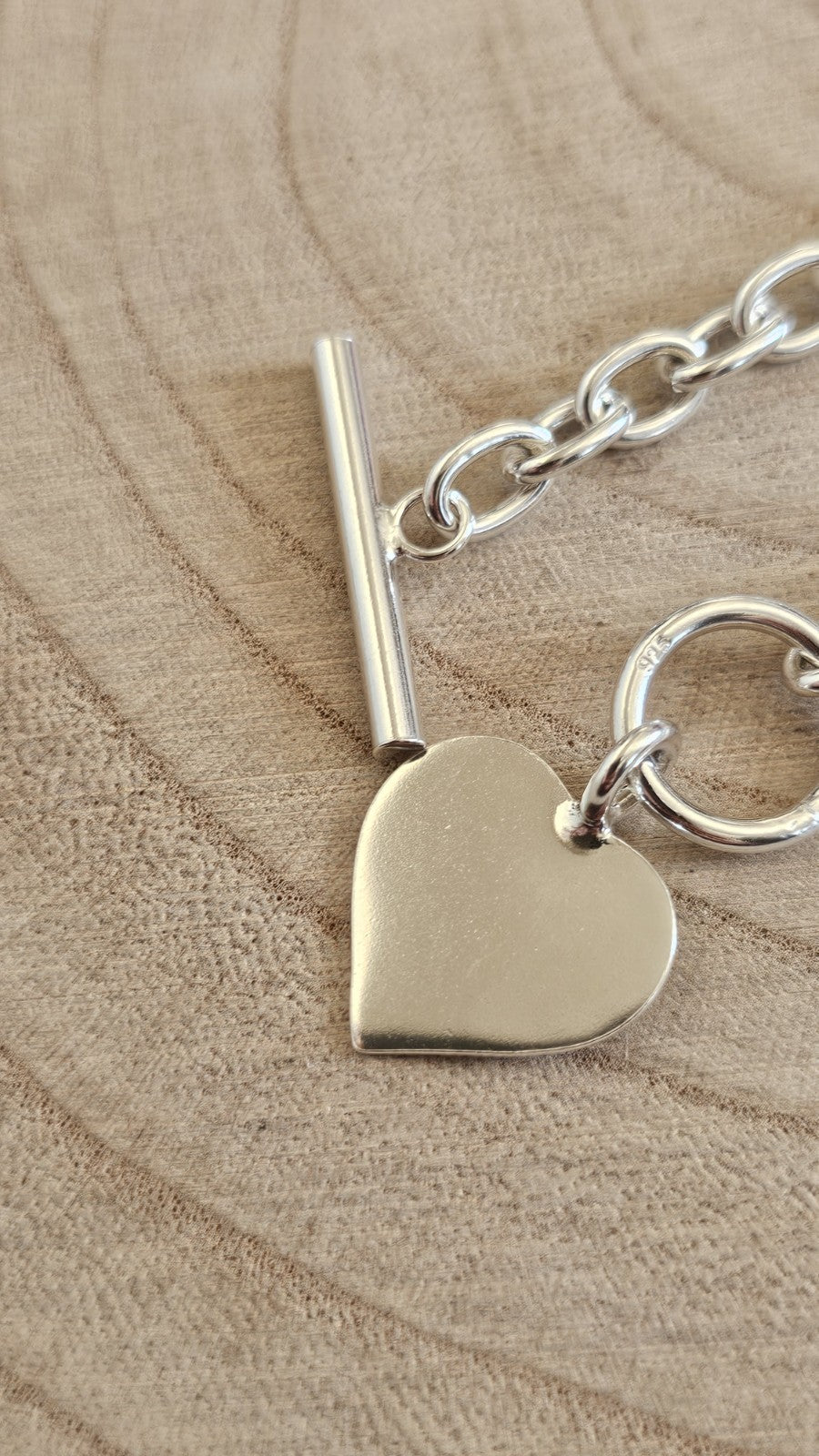 925 Sterling Silver Heart Charm Bracelet T-Bar Toggle 7.5" Hallmarked 15.58g