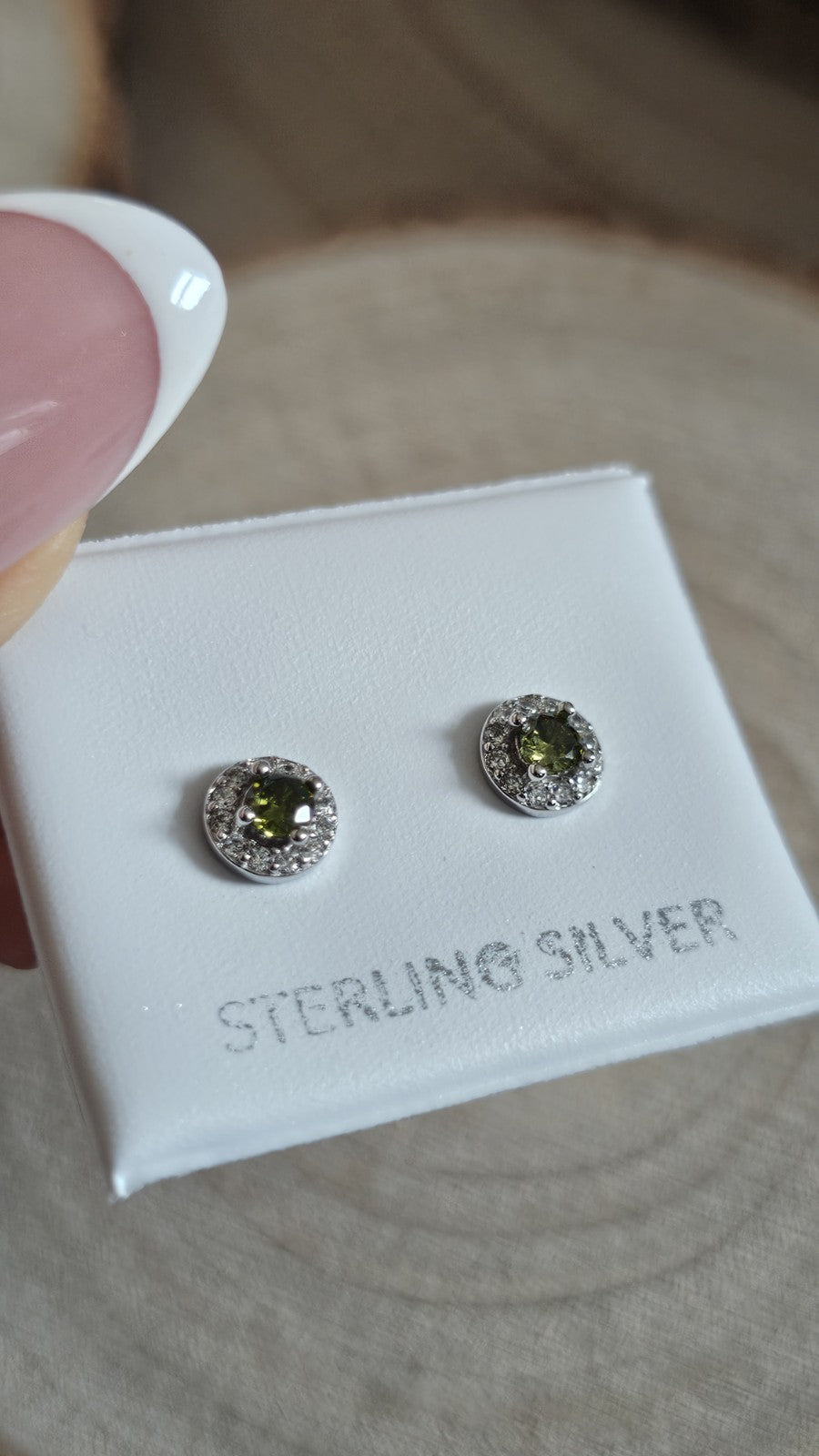 925 Sterling Silver Olive Green CZ Halo Stud Earrings 5.8mm , New Boxed