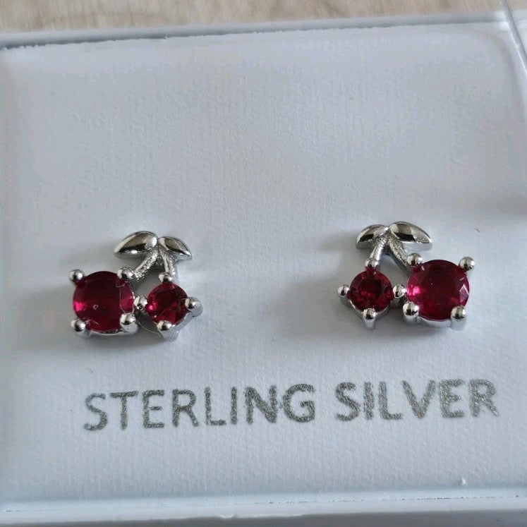 925 Sterling Silver Red Stone Cherry Stud Earrings Rhodium Plated 7.5mm