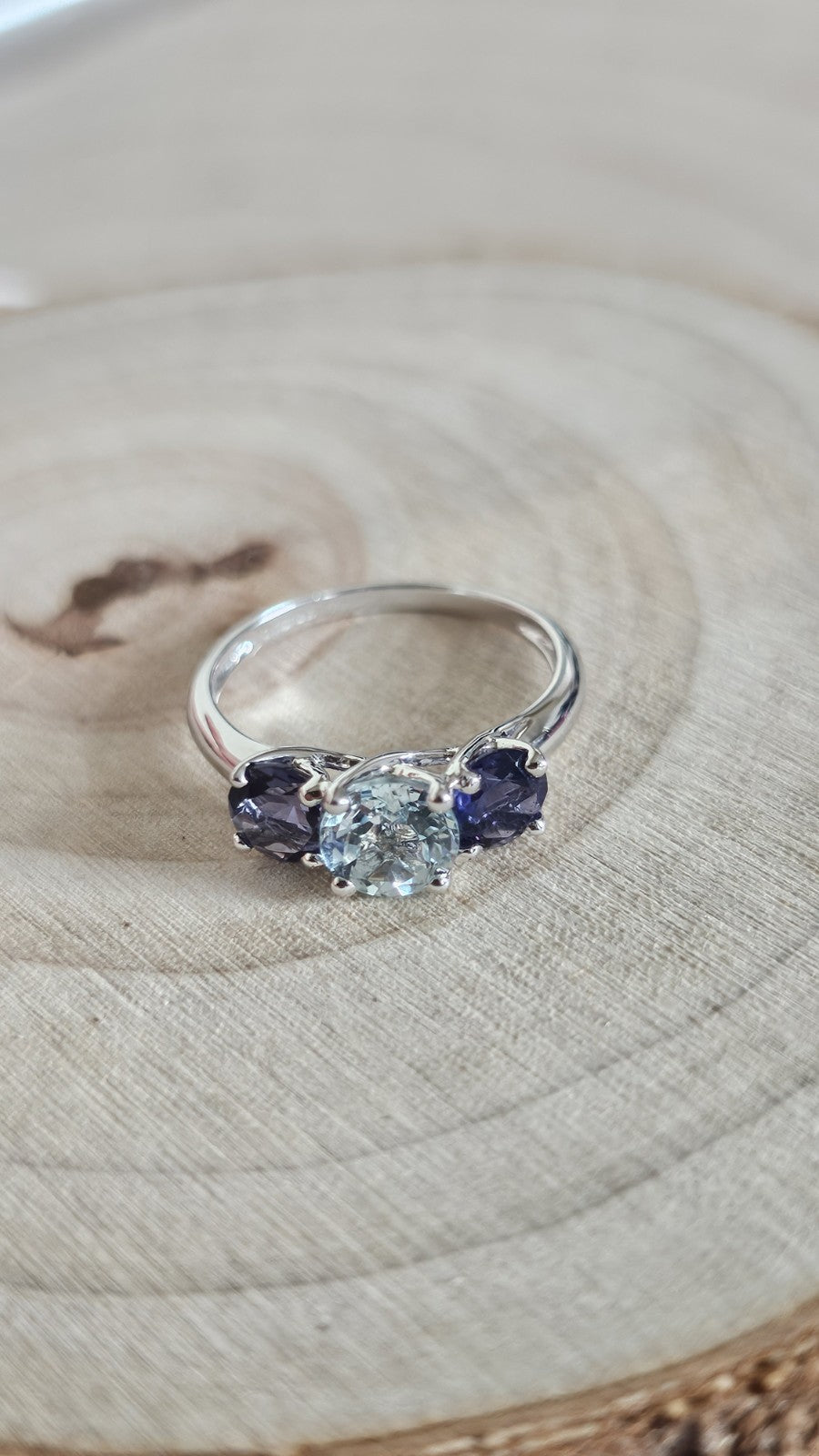 9ct White Gold Natural Aquamarine & Iolite Trilogy Ring Size L Hallmarked