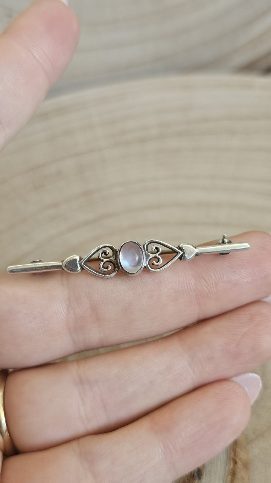 Vintage Silver Moonstone Bar Brooch Heart Scroll Design Stamped SILVER 54mm