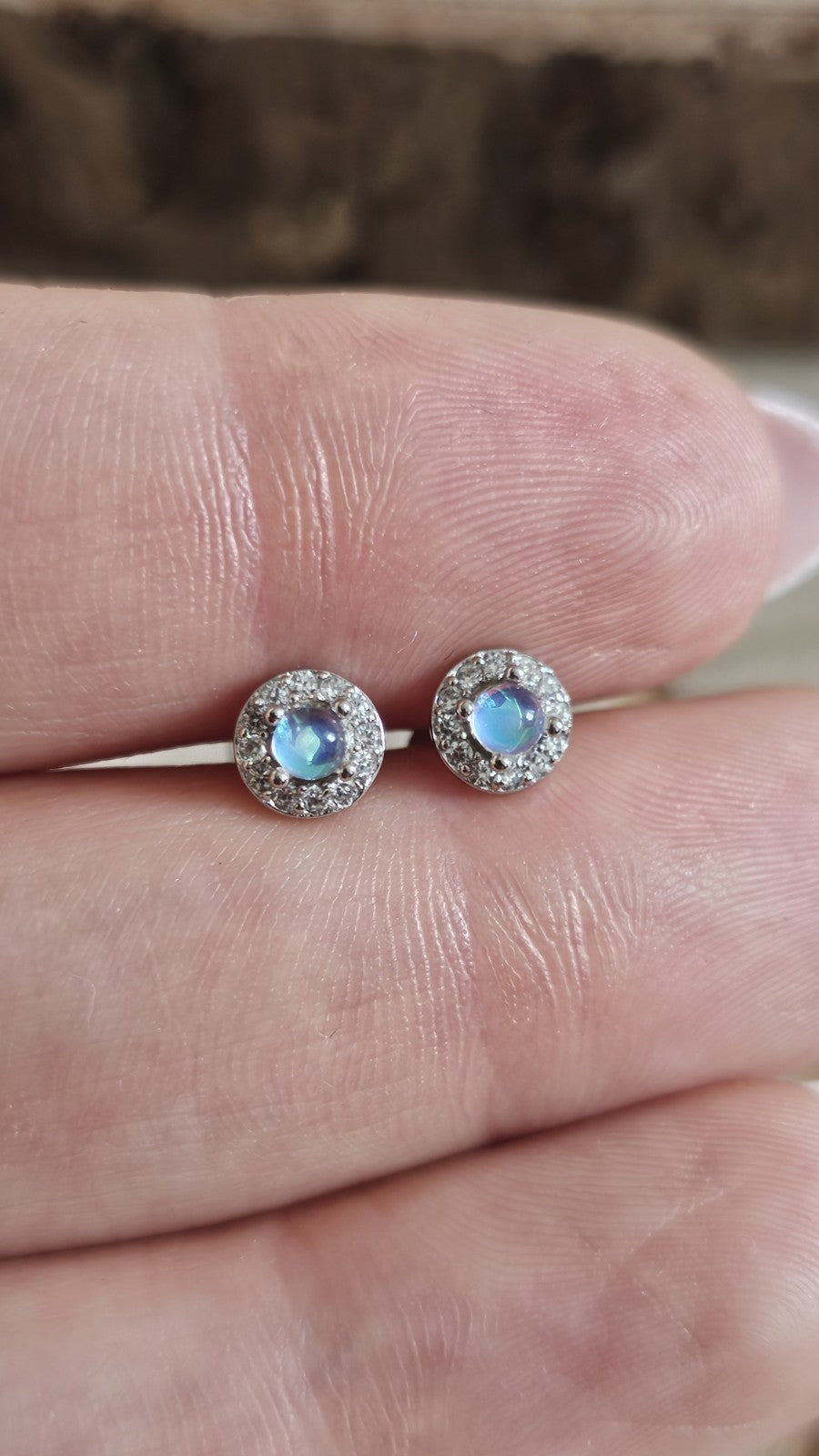 925 Sterling Silver Moonstone CZ Halo Stud Earrings 6mm Round Stamped 925 , New