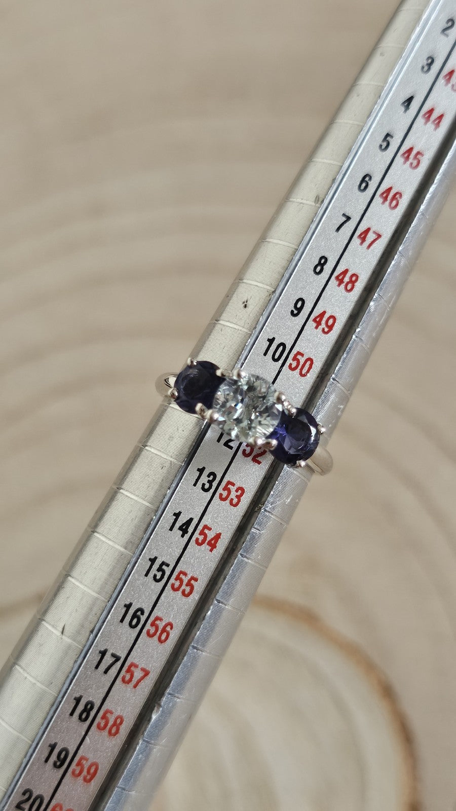 9ct White Gold Natural Aquamarine & Iolite Trilogy Ring Size L Hallmarked