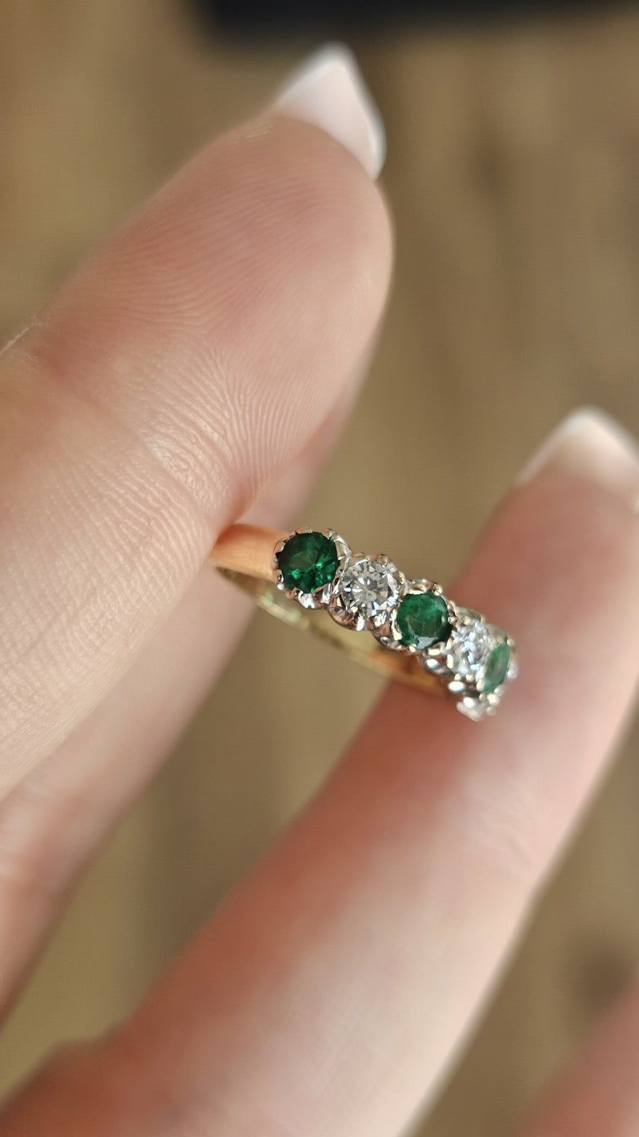 Vintage 18ct Gold Emerald & Diamond Seven-Stone Half Eternity Ring,size M 1/2