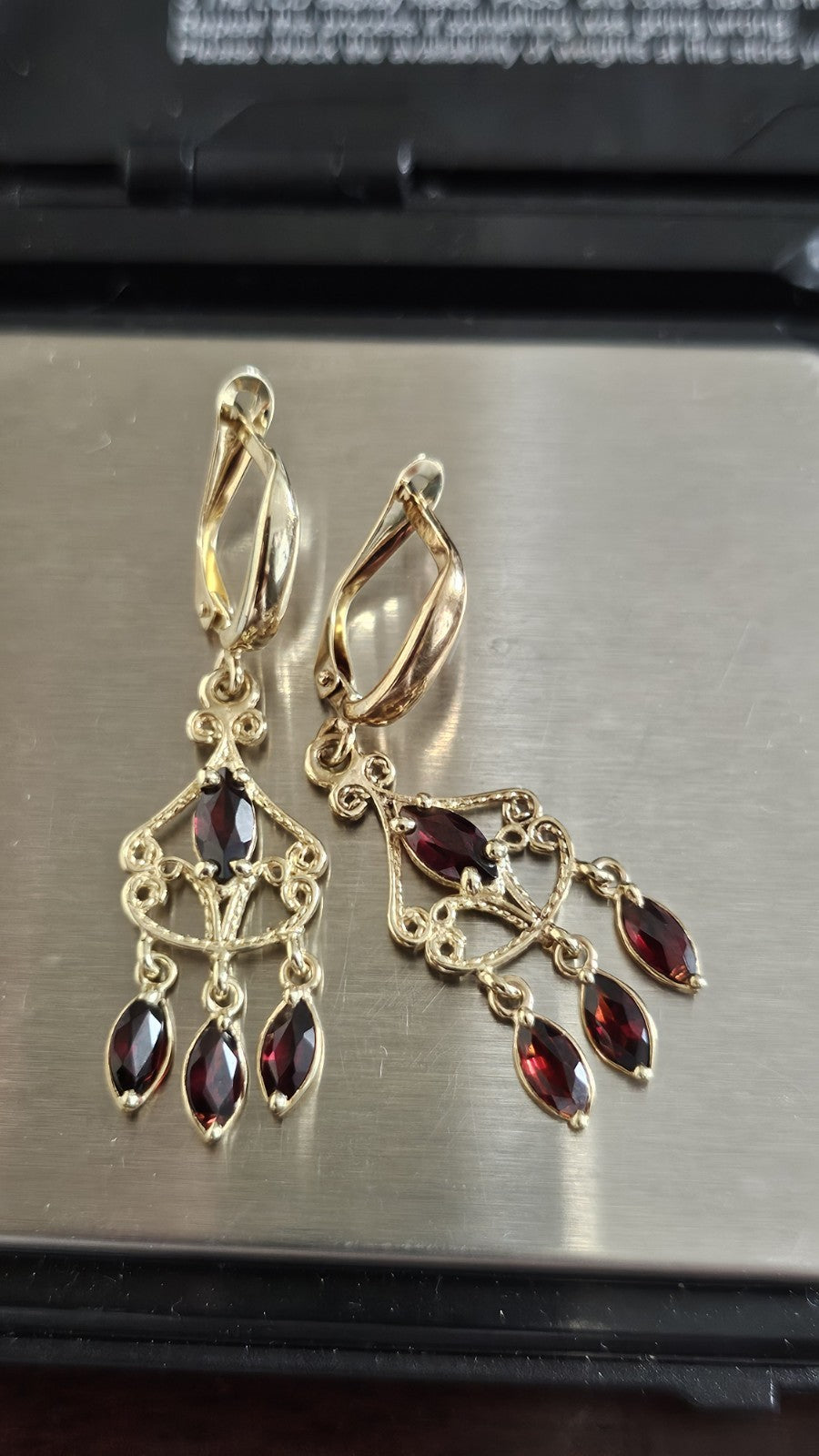 Vintage 9ct Yellow Gold Garnet Chandelier Drop Earrings 3.61g 41mm 375