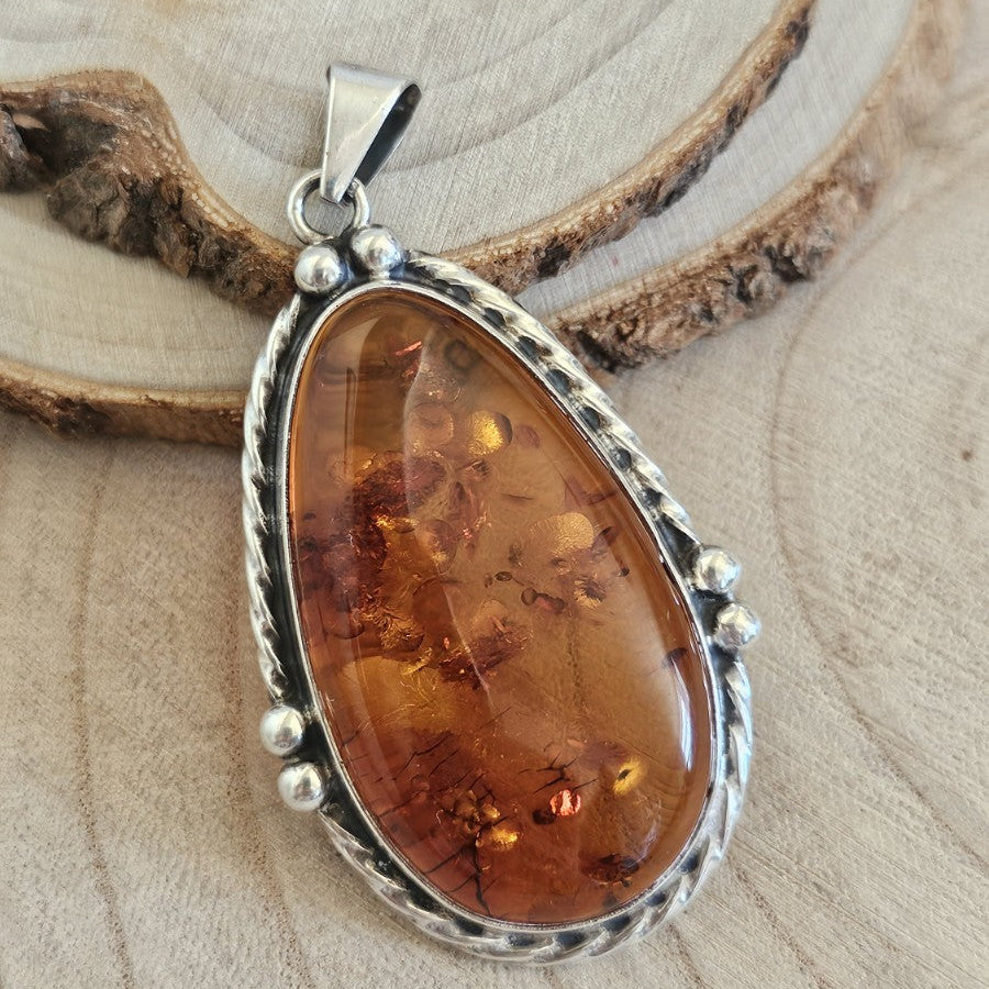 Large 925 Sterling Silver Amber Teardrop Pendant 20.50g 68.36mm