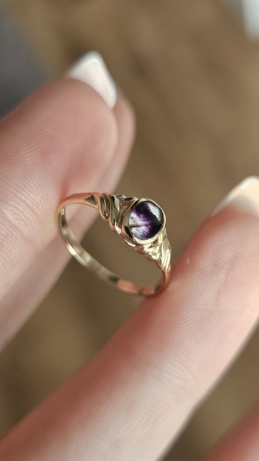 💜 Vintage 9ct Yellow Gold Blue John Ring – Size N ✨