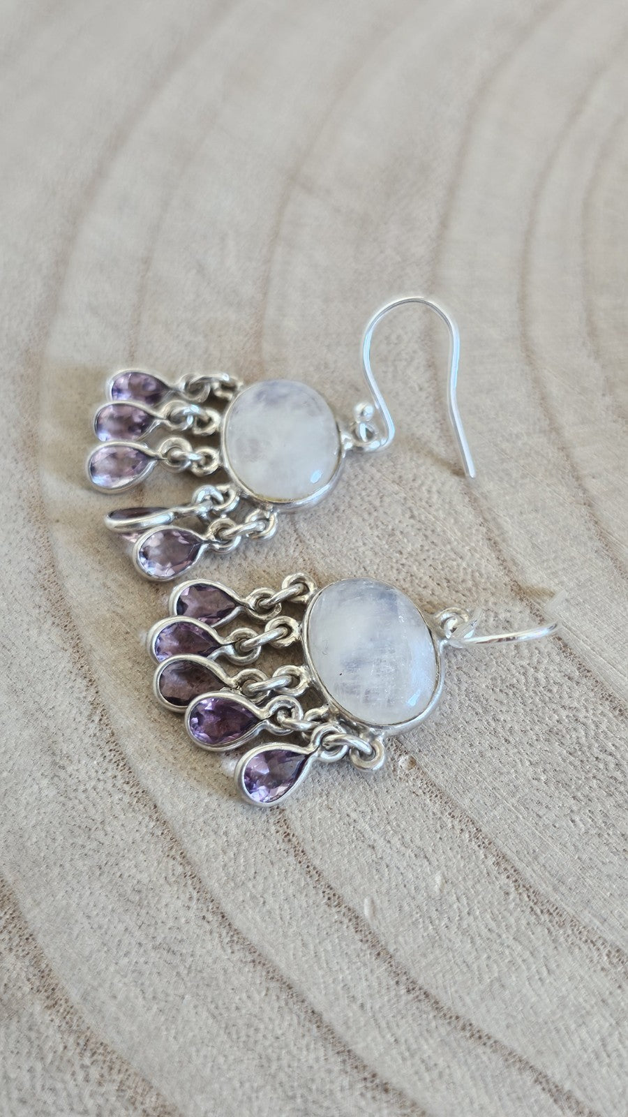 925 Sterling Silver Natural Moonstone & Amethyst Chandelier Drop Earrings
