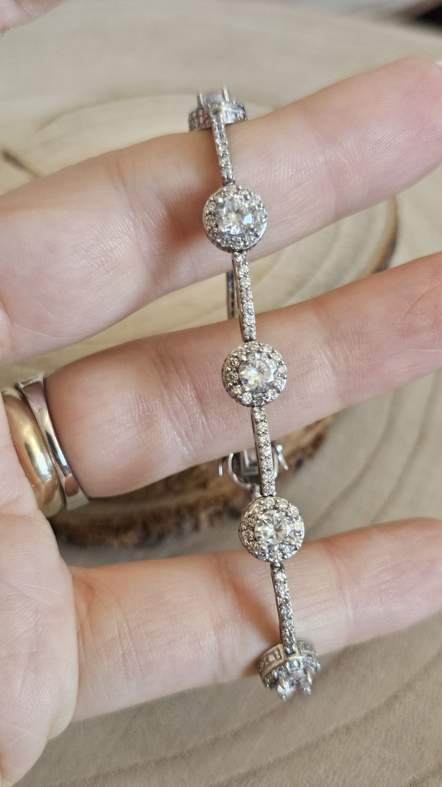 925 Sterling Silver CZ Halo Tennis Bracelet Full Hallmark 18cm 13.56g