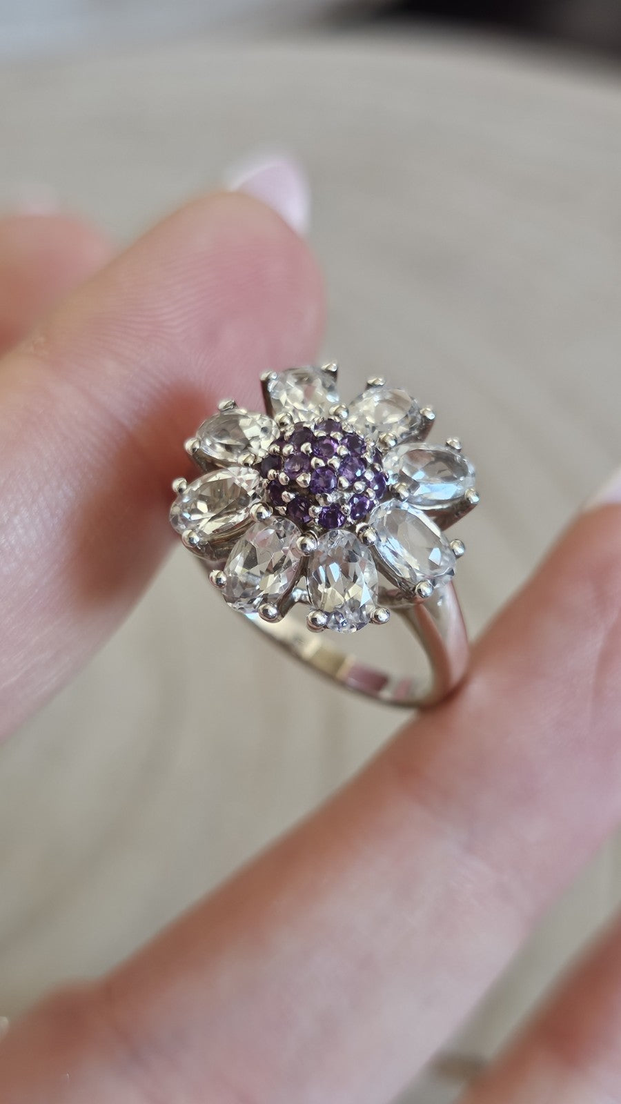 TGGC 925 Sterling Silver Amethyst & White Topaz Flower Ring Size R 1/2
