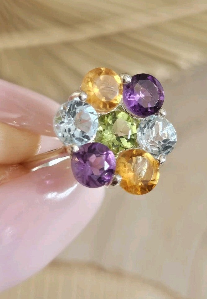 💎 925 Sterling Silver Multi-Gemstone Cluster Ring – Size N