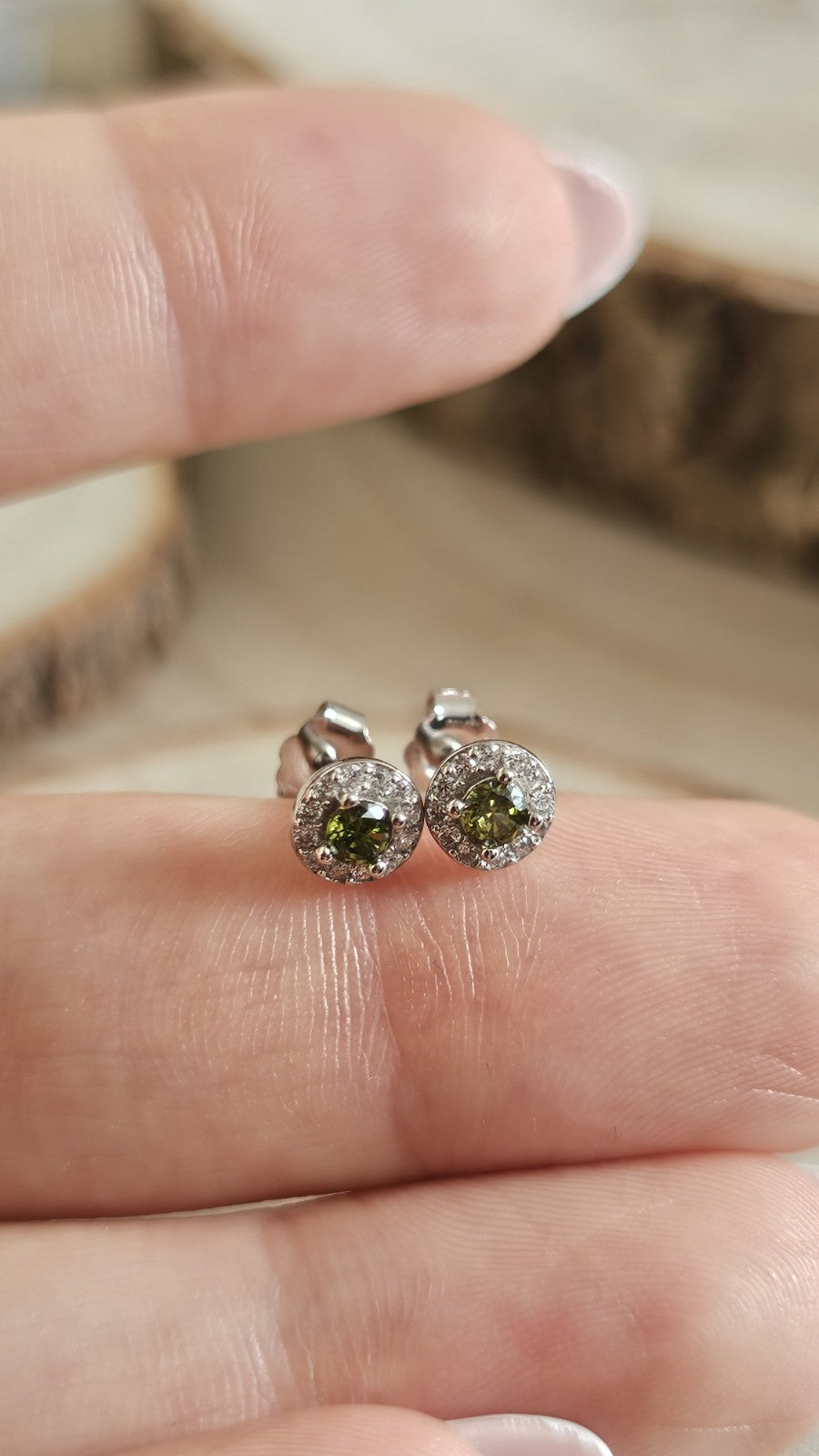 925 Sterling Silver Olive Green CZ Halo Stud Earrings 5.8mm , New Boxed