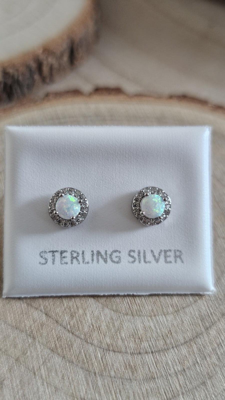 925 Sterling Silver White Opal CZ Halo Stud Earrings 6.6mm