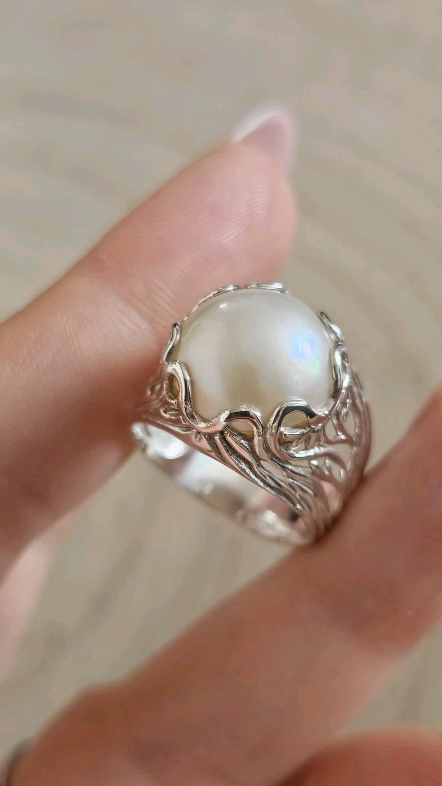 Vintage 925 Sterling Silver Large Pearl Statement Ring – Size R 1/2 – 7.59g