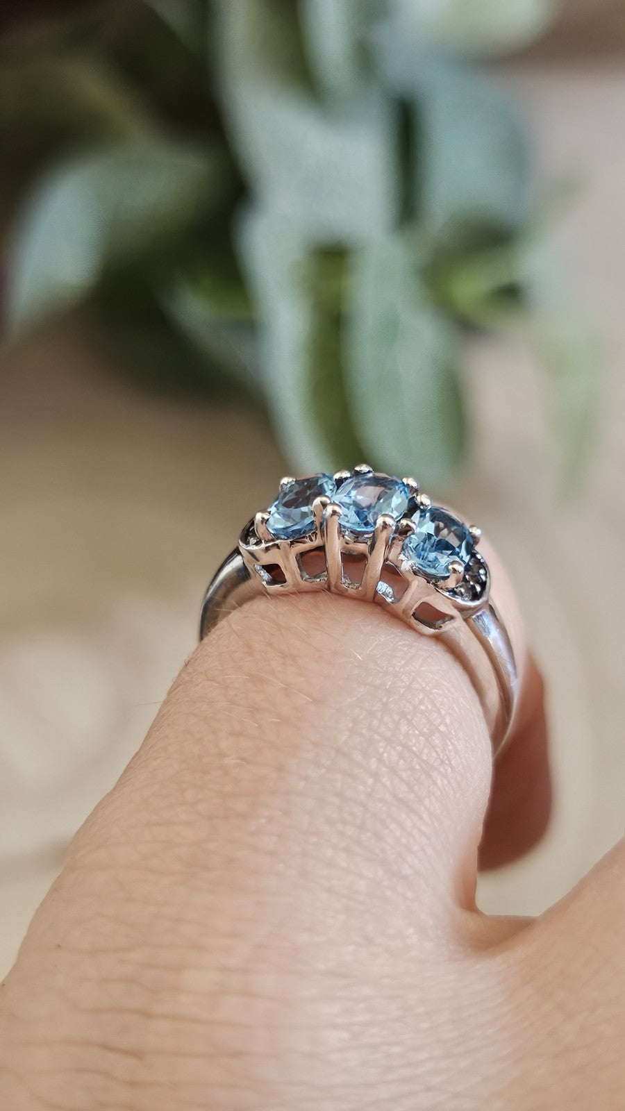 925 Sterling Silver Blue Topaz & Zircon Trilogy Ring Size L 1/2 TGGC