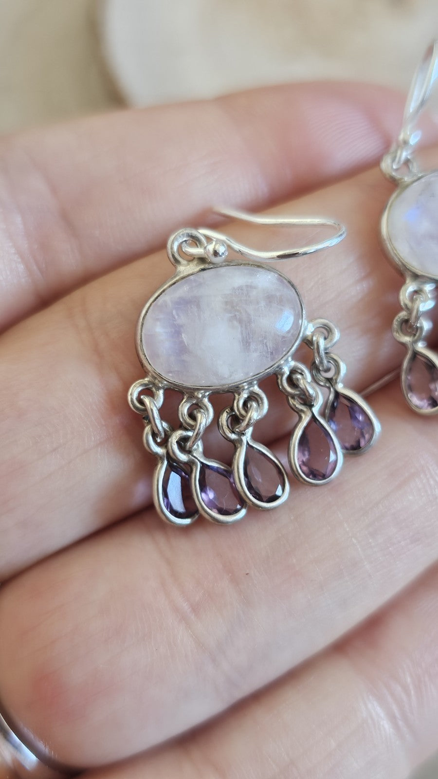 925 Sterling Silver Natural Moonstone & Amethyst Chandelier Drop Earrings