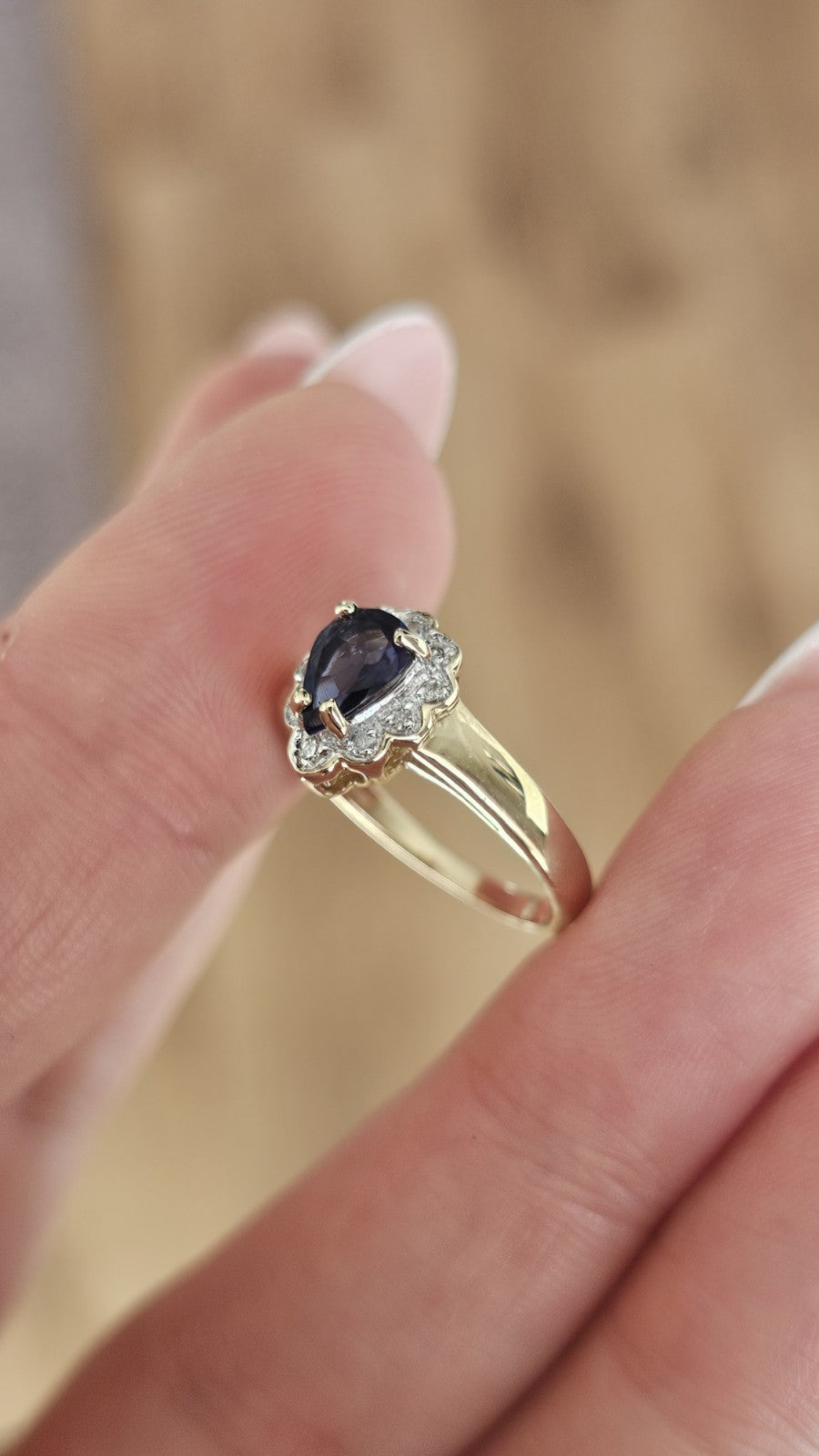 9ct Yellow Gold Natural Tanzanite & Diamond Halo Ring Size K 1/2 2.24g