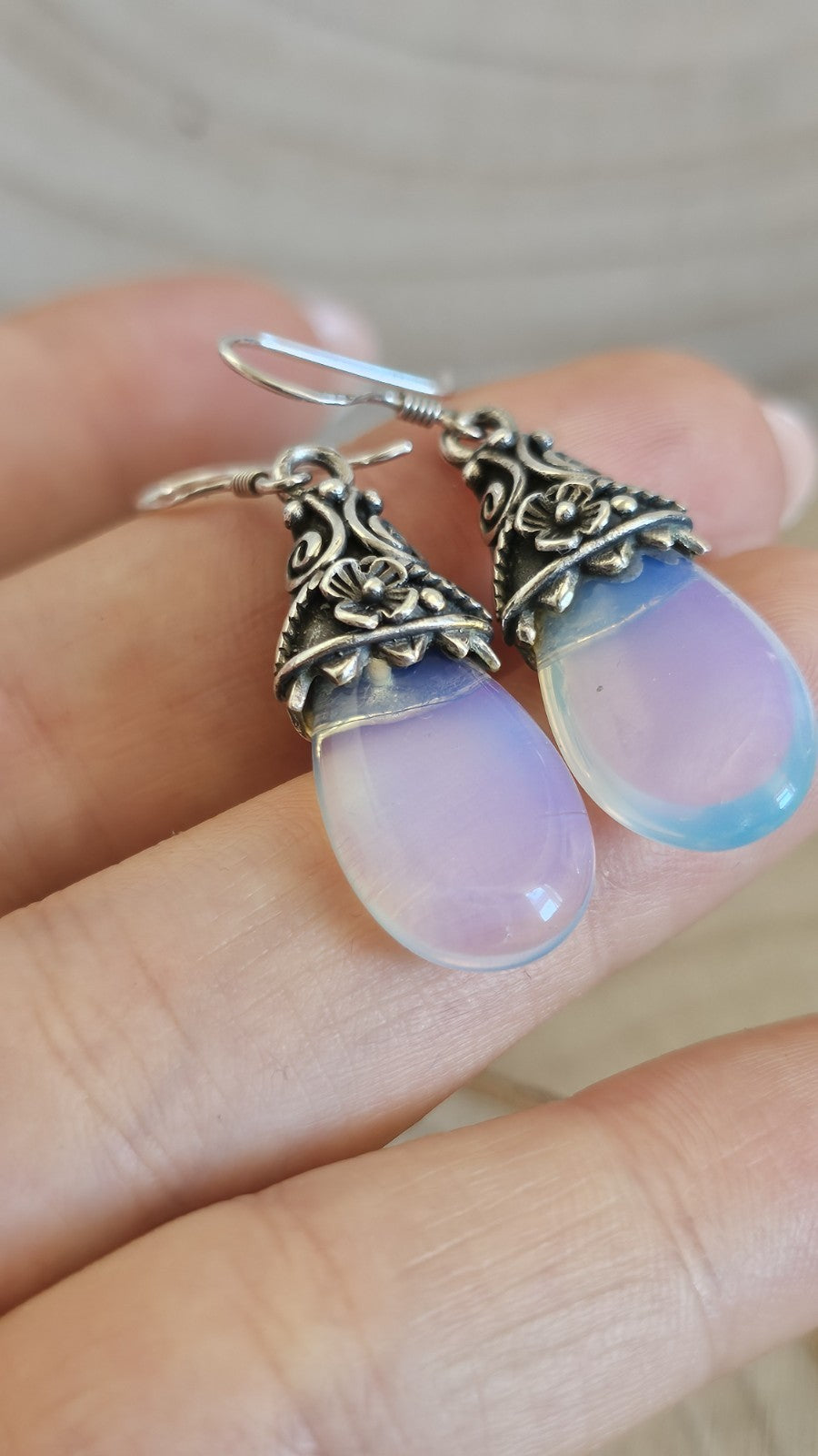 925 Sterling Silver Opalite Drop Earrings Floral Dangle Hooks 46.5mm