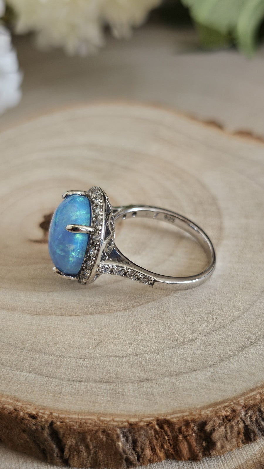 925 Sterling Silver Blue Opal & Zircon Halo Ring Size N 1/2 4.92g