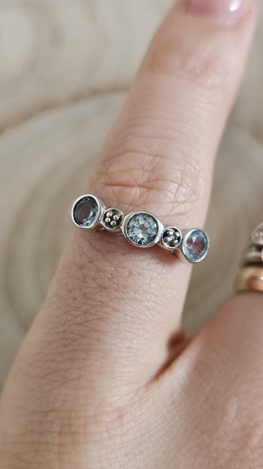 925 Sterling Silver Blue Topaz & Diamond Three Stone Ring Size N 1/2 DIA