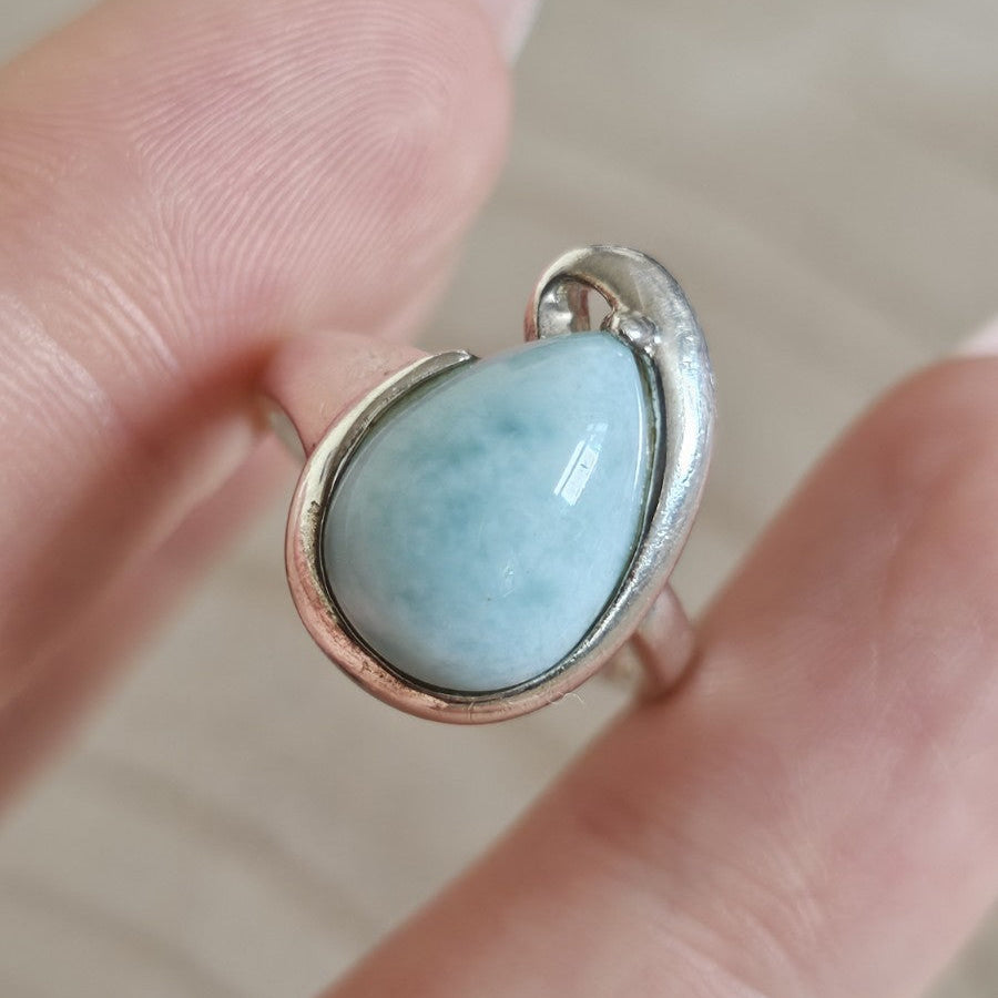 925 Sterling Silver Larimar Teardrop Ring Size N Blue Gemstone 5.51g