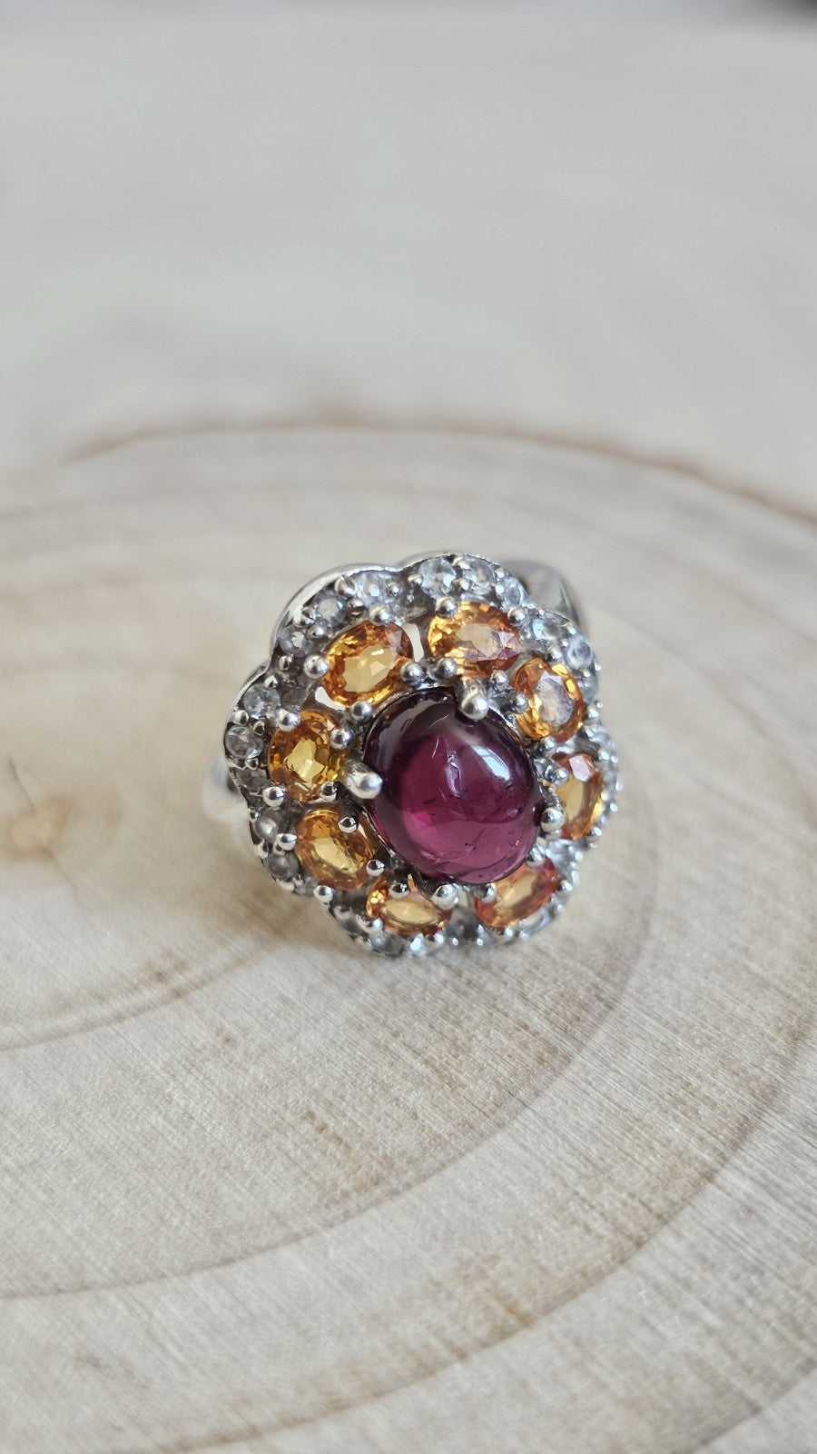 925 Sterling Silver Garnet ,Sapphire & Zircon Cluster Ring Size N 4.48g