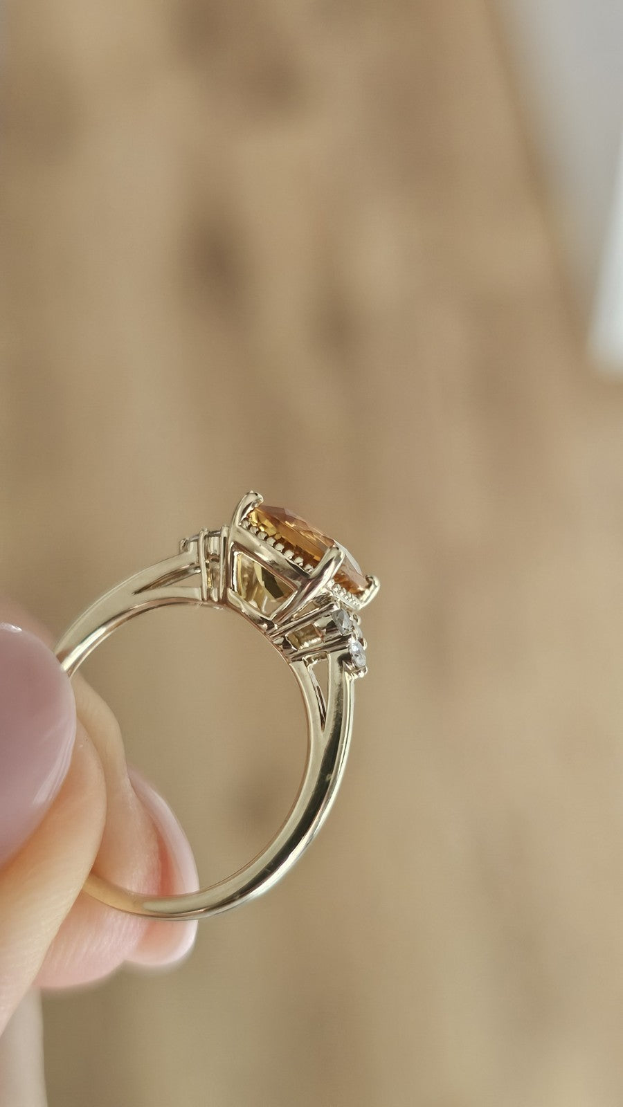 9ct Yellow Gold Natural Citrine & 0.13ct Diamond Ring Size K 1/2 Hallmarked