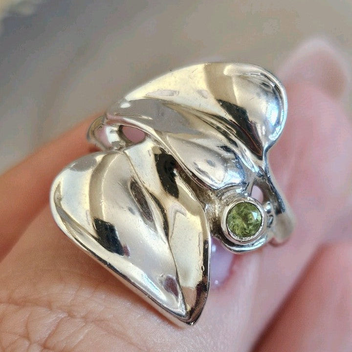 925 Sterling Silver Natural Peridot Leaf Statement Ring Size P 7.14g