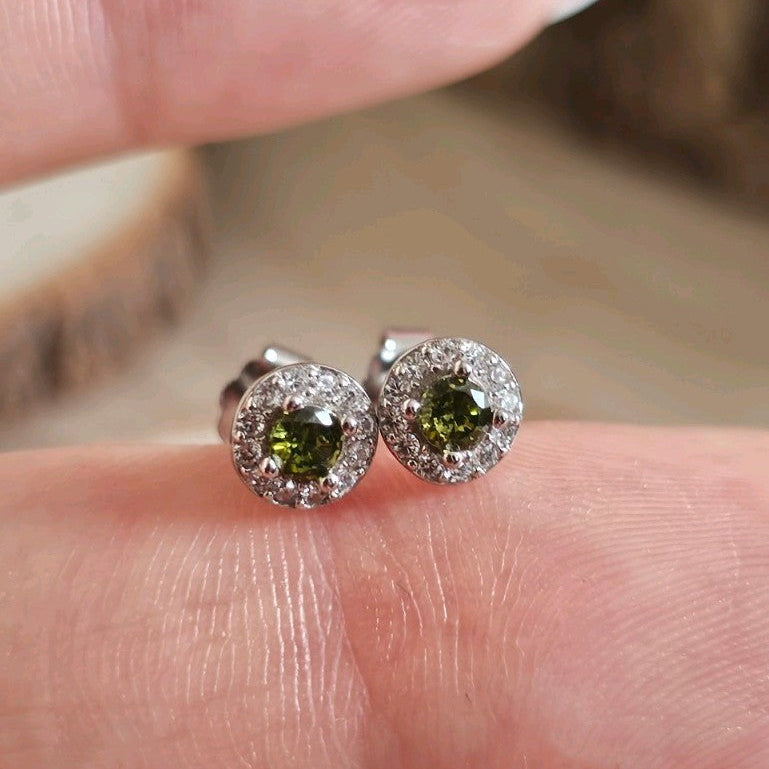 925 Sterling Silver Olive Green CZ Halo Stud Earrings 5.8mm , New Boxed