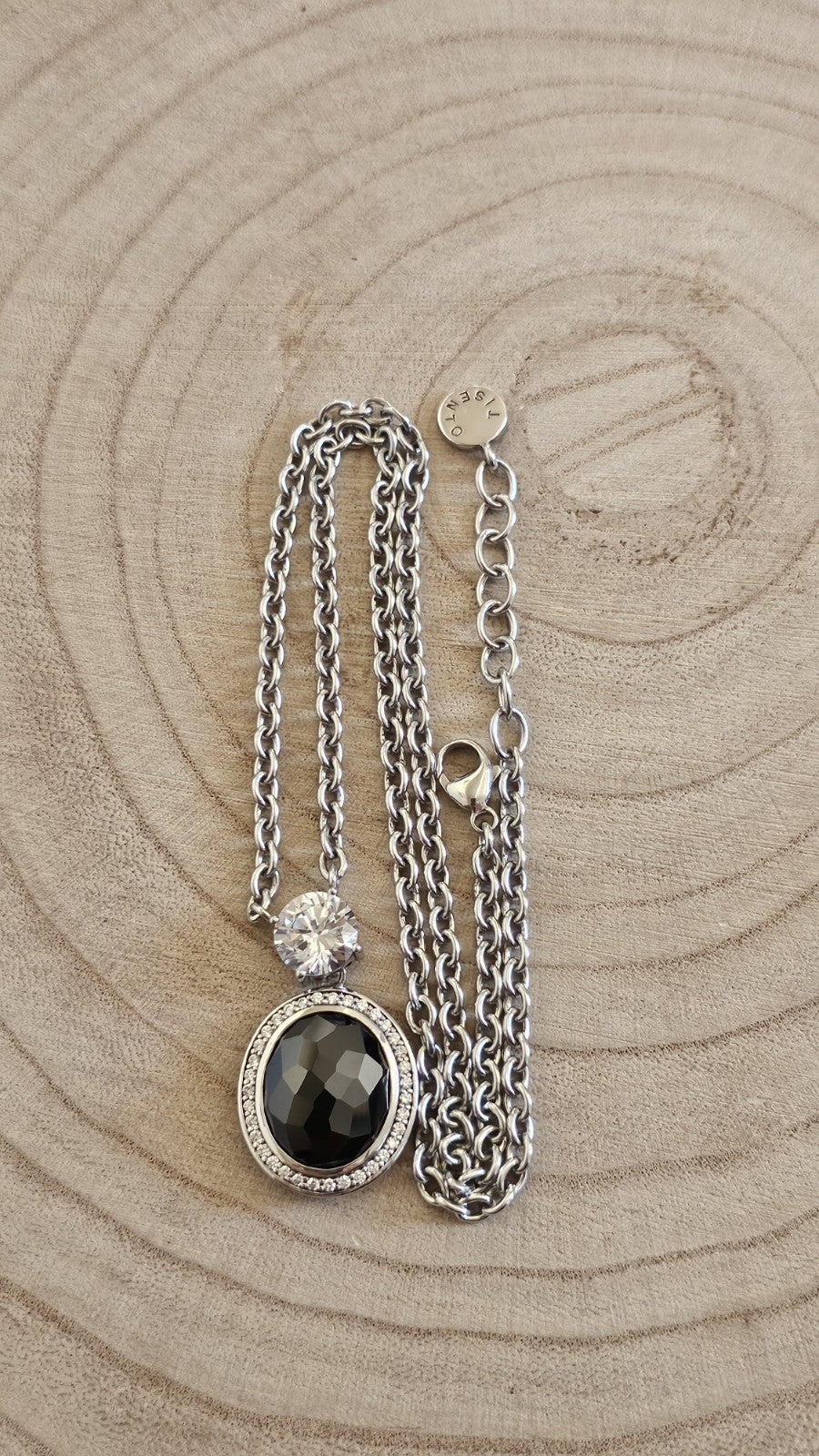 TI SENTO  Sterling Silver Black & Clear Stone Pendant Necklace 19-20.5", 29.76g 