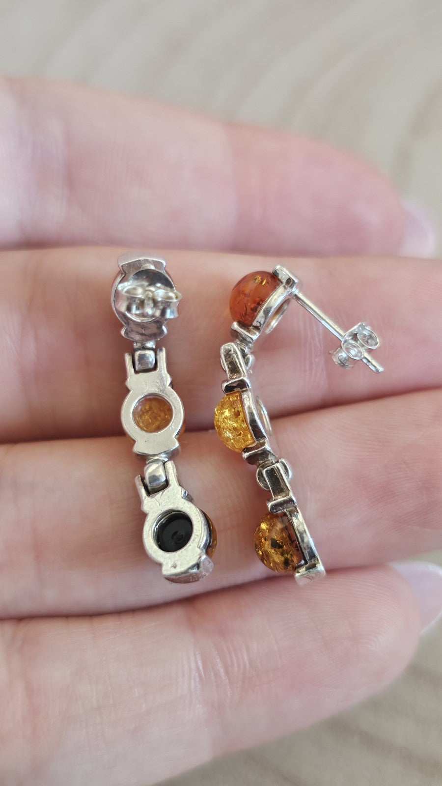 925 Sterling Silver Multi Amber Drop Earrings 3 Stone Articulated 4.36g