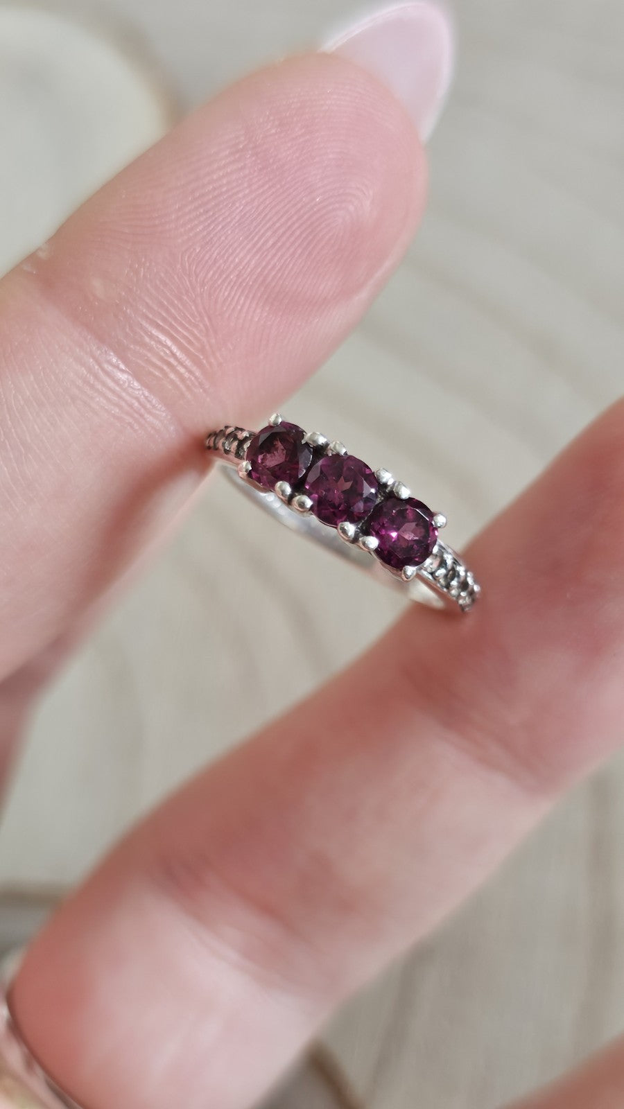 TGGC 925 Sterling Silver Rhodolite Garnet & Zircon Trilogy Ring Size L