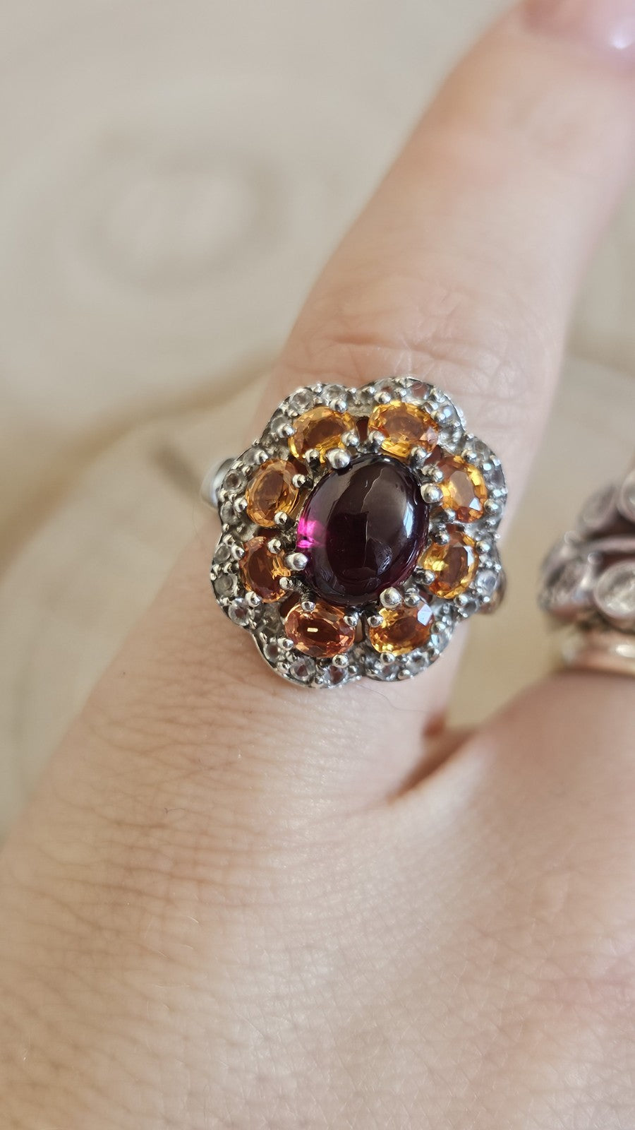 925 Sterling Silver Garnet ,Sapphire & Zircon Cluster Ring Size N 4.48g