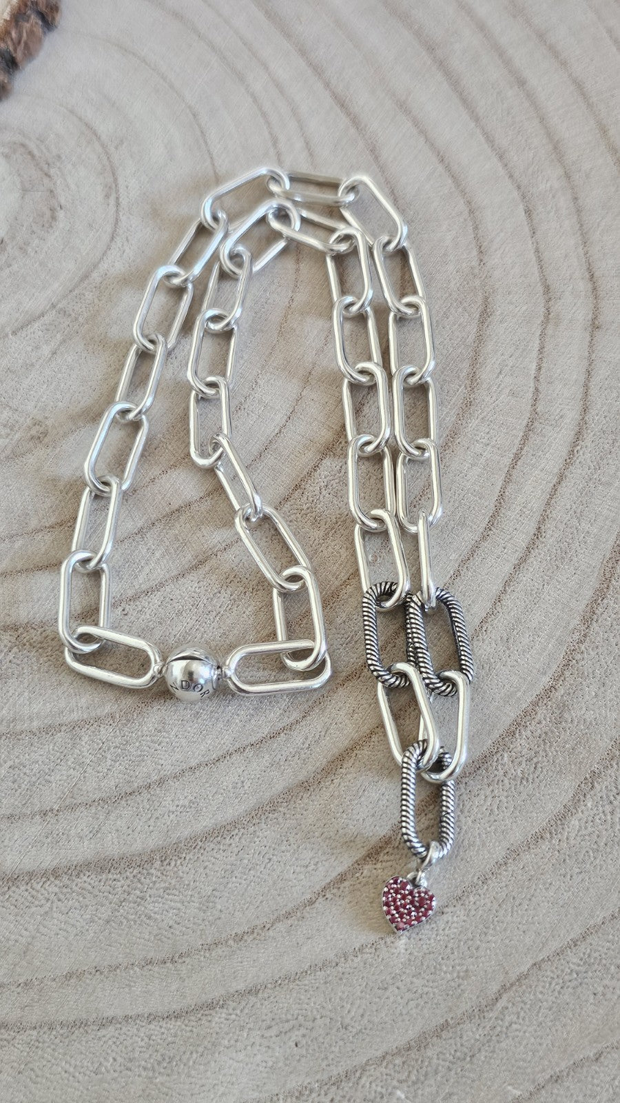 Pandora ALE 925 Sterling Silver Paperclip Chain Necklace Heart Charm 17.5"35.21g