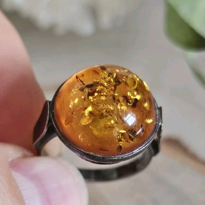 Vintage 925 Sterling Silver Amber Ring Size L 1/2 Honey Cognac 3.31g