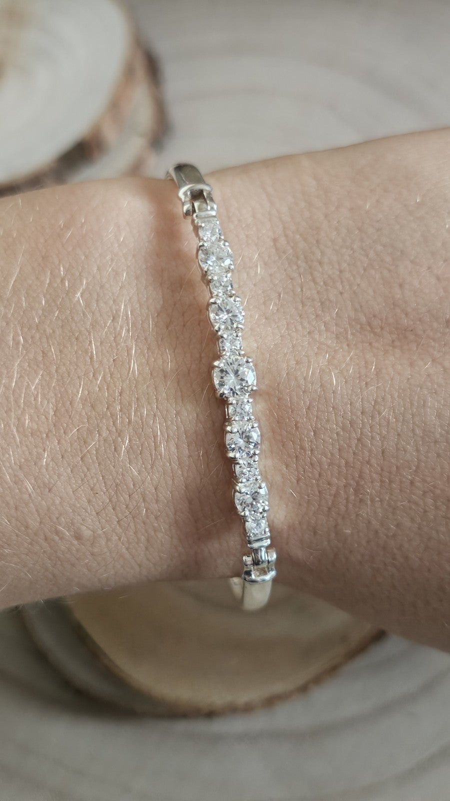 925 Sterling Silver CZ Tennis Style Hinged Bangle Bracelet 7" Fully Hallmarked