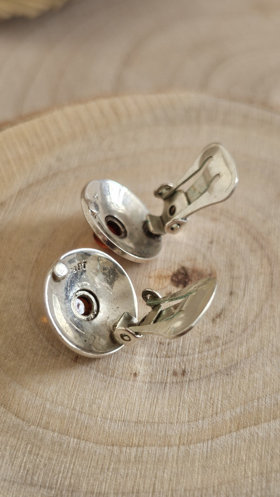 🧡 Vintage Sterling Silver  and Amber Round Clip-On Earrings ✨
