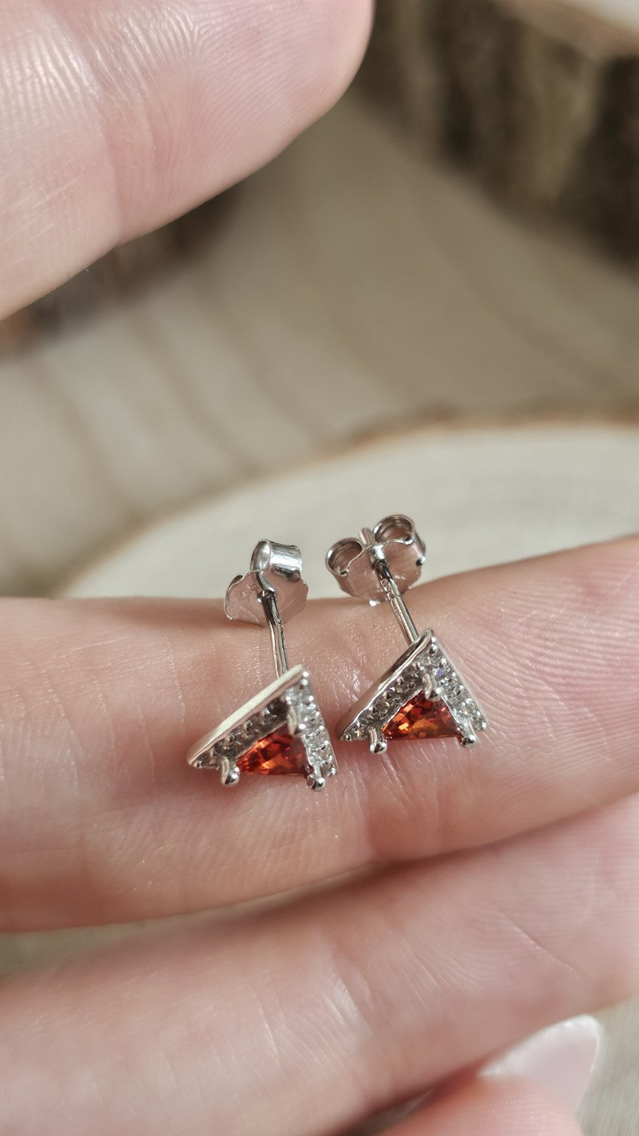 925 Sterling Silver Garnet Red CZ Triangle Stud Earrings 8.78mm